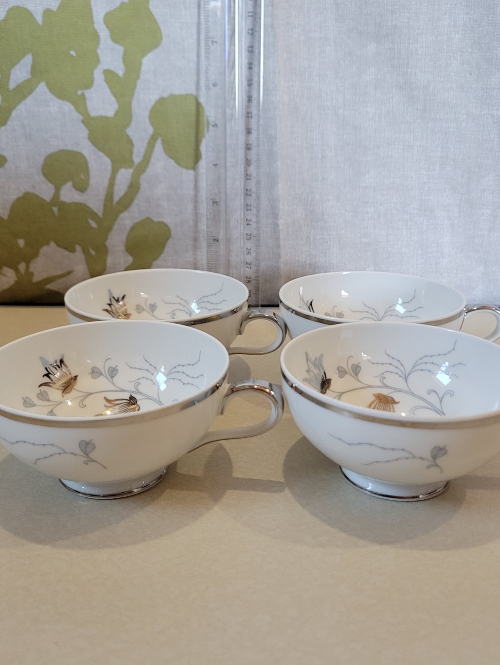 White Porcelain Tea Cups with Silver Floral Trim - Set of 4